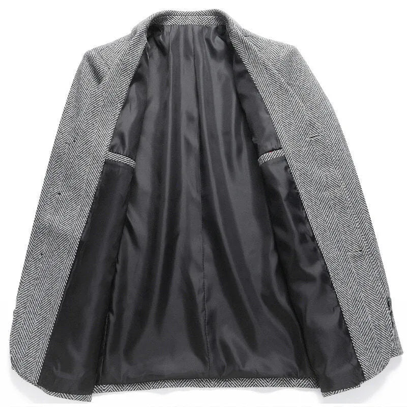 Men's loose fit solid colour wool blend coat for spring and autumn in black, khaki, gray, or dark blue.