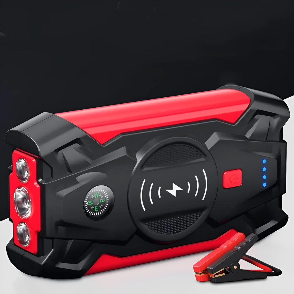 Red car jump starter with digital display and air pump accessory for 12V battery emergency starting