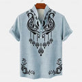 Men's striped loose fit casual shirt with personalised buttons on a hanger.
