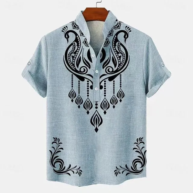 Men's striped loose fit casual shirt with personalised buttons on a hanger.