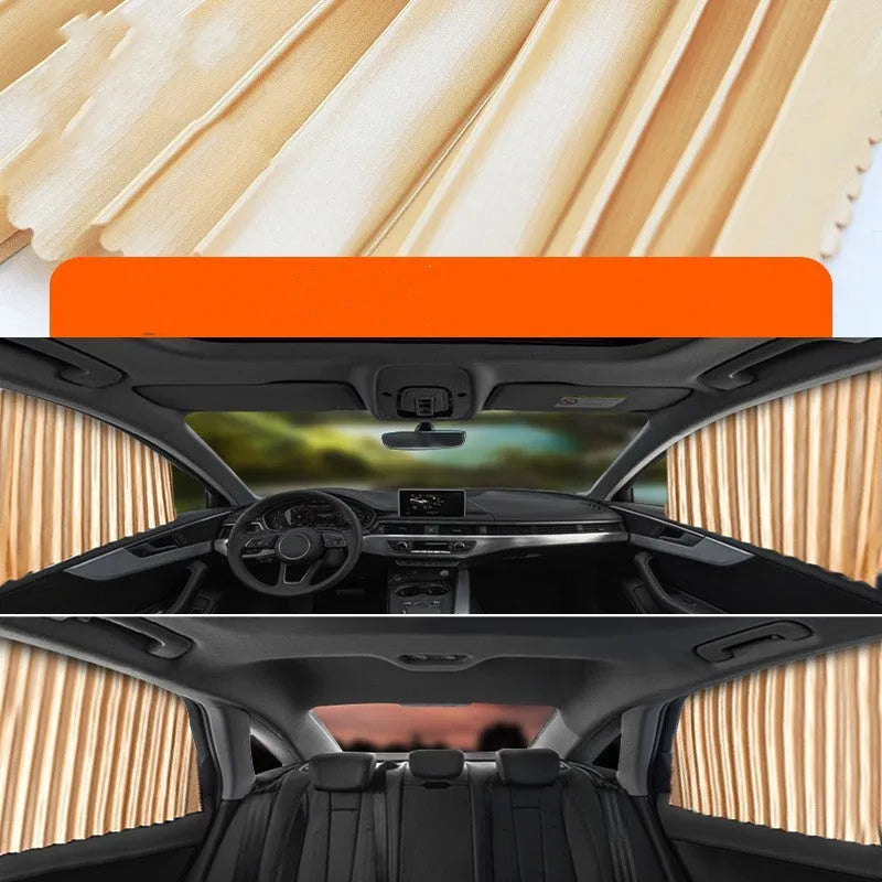 Auto retractable car sun curtain in thick opaque cloth material deployed on vehicle window