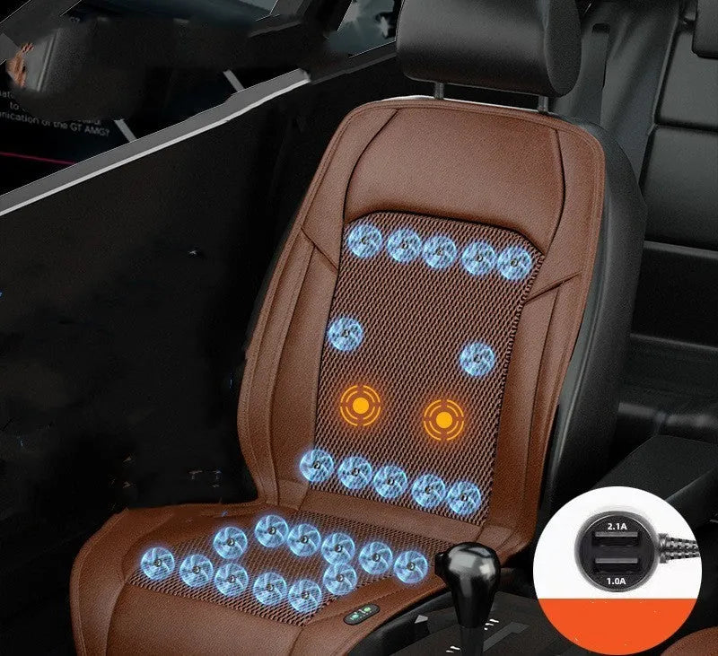 Black ventilated car seat cushion with multiple cooling fans, plugged into a 12V car socket.