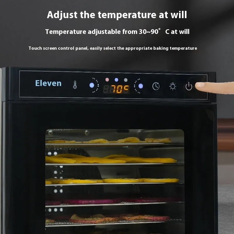 Stainless steel fruit dehydrator with clear viewing skylight and LED control panel