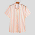 Pink men's loose cardigan shirt with waffle texture and short sleeves on a hanger