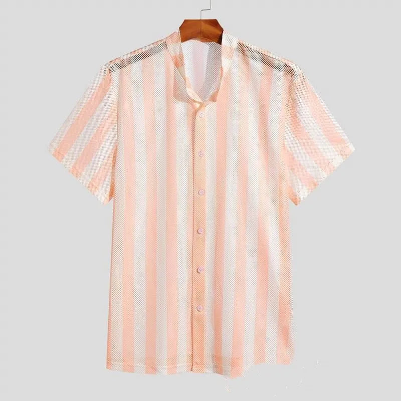 Pink men's loose cardigan shirt with waffle texture and short sleeves on a hanger