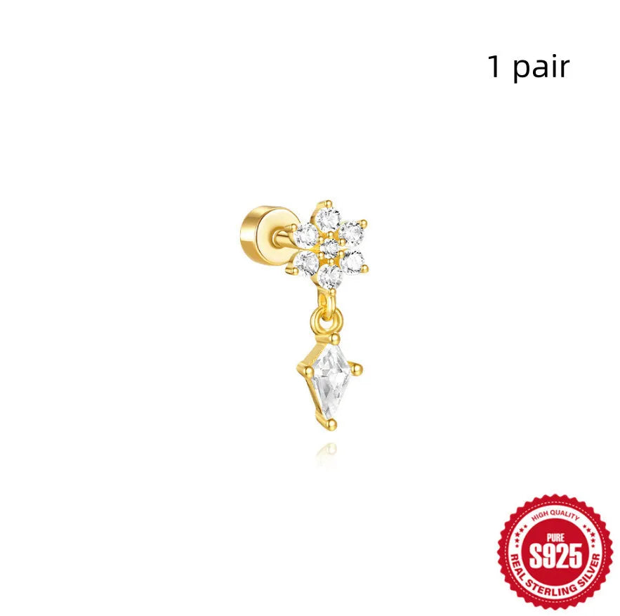 S925 sterling silver flat column thread geometric ear bone stud in a gold tone finish.