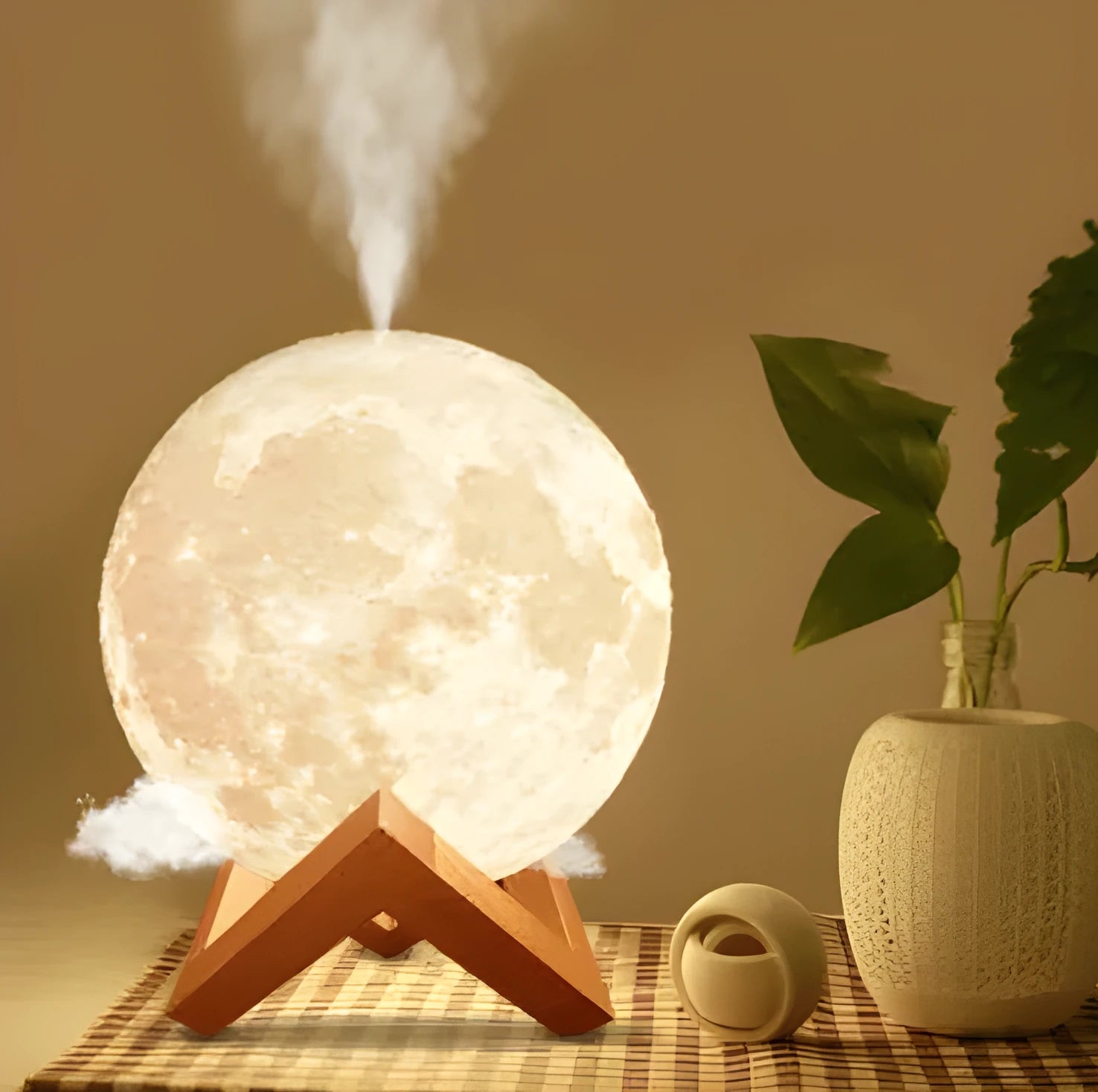 Wood finish lunar humidifier night light showing spherical design with mist output and LED illumination