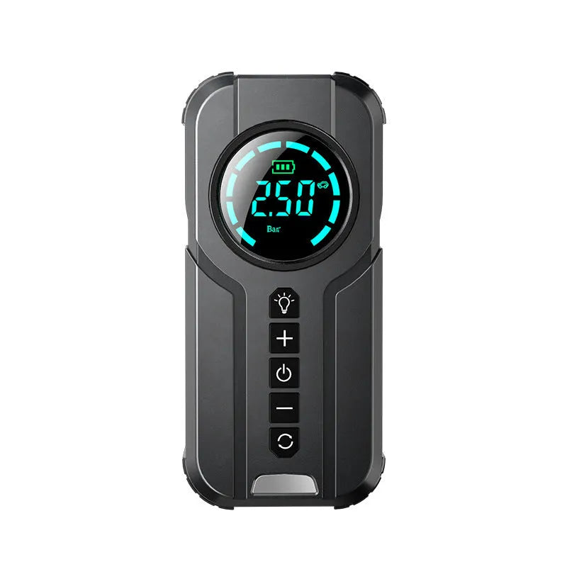 Portable wireless tyre inflator with digital display in a black ABS case alongside its carry bag and nozzle attachments.