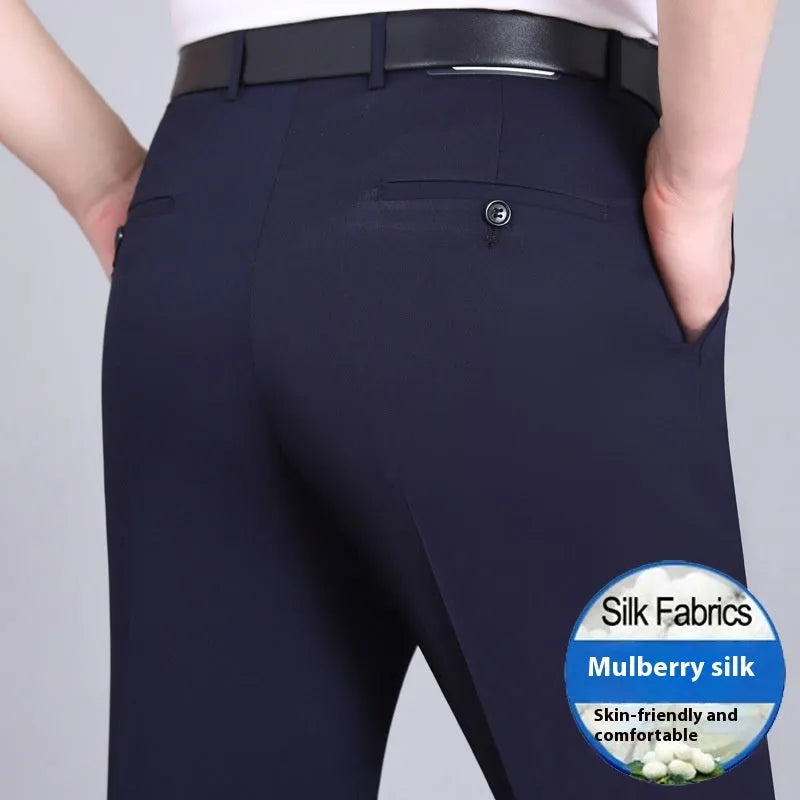 Men's straight-leg business trousers in mulberry silk blend fabric with high waist design