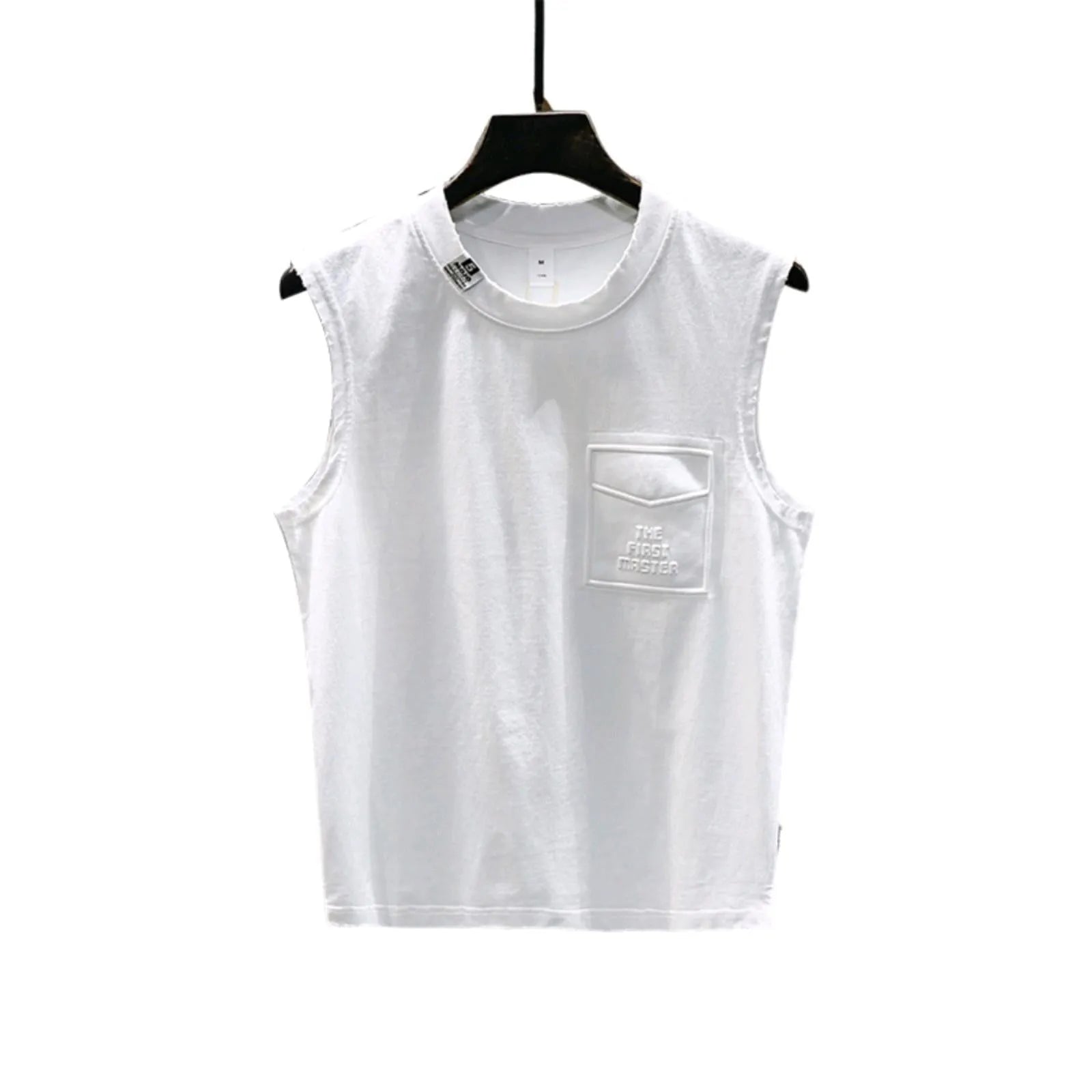 Women's loose-fit black cotton sleeveless t-shirt with straight hem on a hanger.