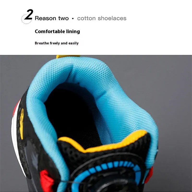 Rotating button running shoes in black synthetic leather with waterproof construction and PU soles