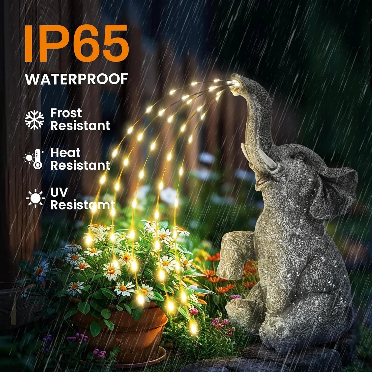 A realistic resin elephant garden statue with a waterproof rating and an LED light strip for outdoor decoration.