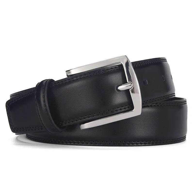 Men's black genuine leather belt with a silver alloy pin buckle on a flat surface