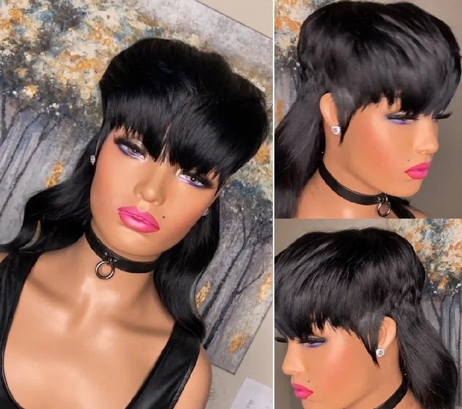 Brazilian black wig with front bangs, short back, and long hair in T7262 colour