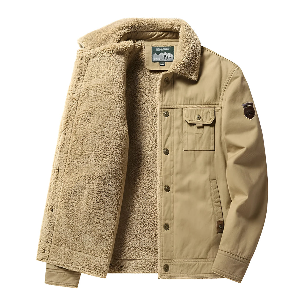 Men's fleece-lined thickened casual jacket with polo collar, cotton fabric, available in khaki, army green, dark blue