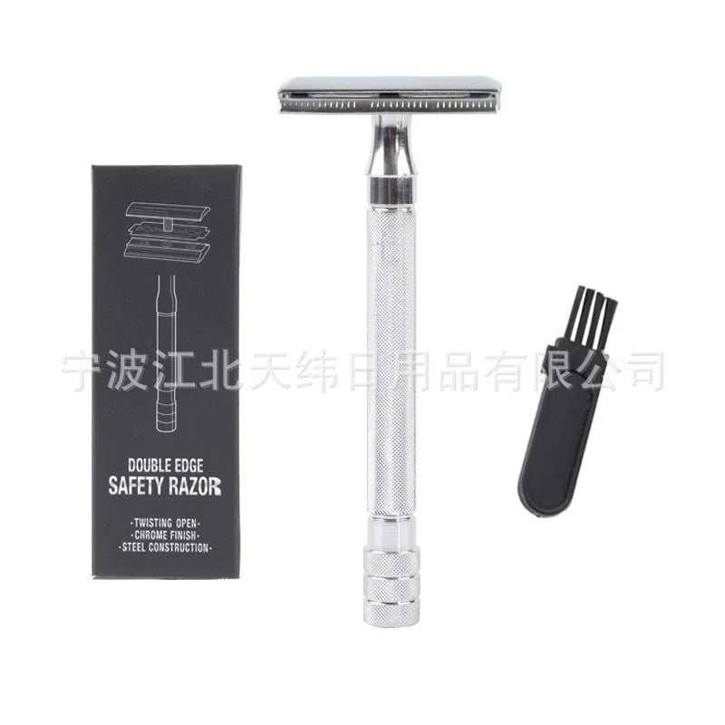 Traditional manual safety razor and shaving brush set in chrome metal finish