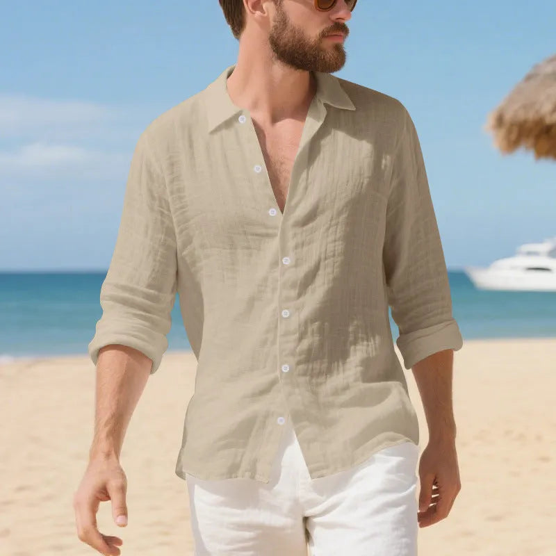 American-style loose-fit linen casual shirt in Army Green, laid flat to show button front and relaxed silhouette.