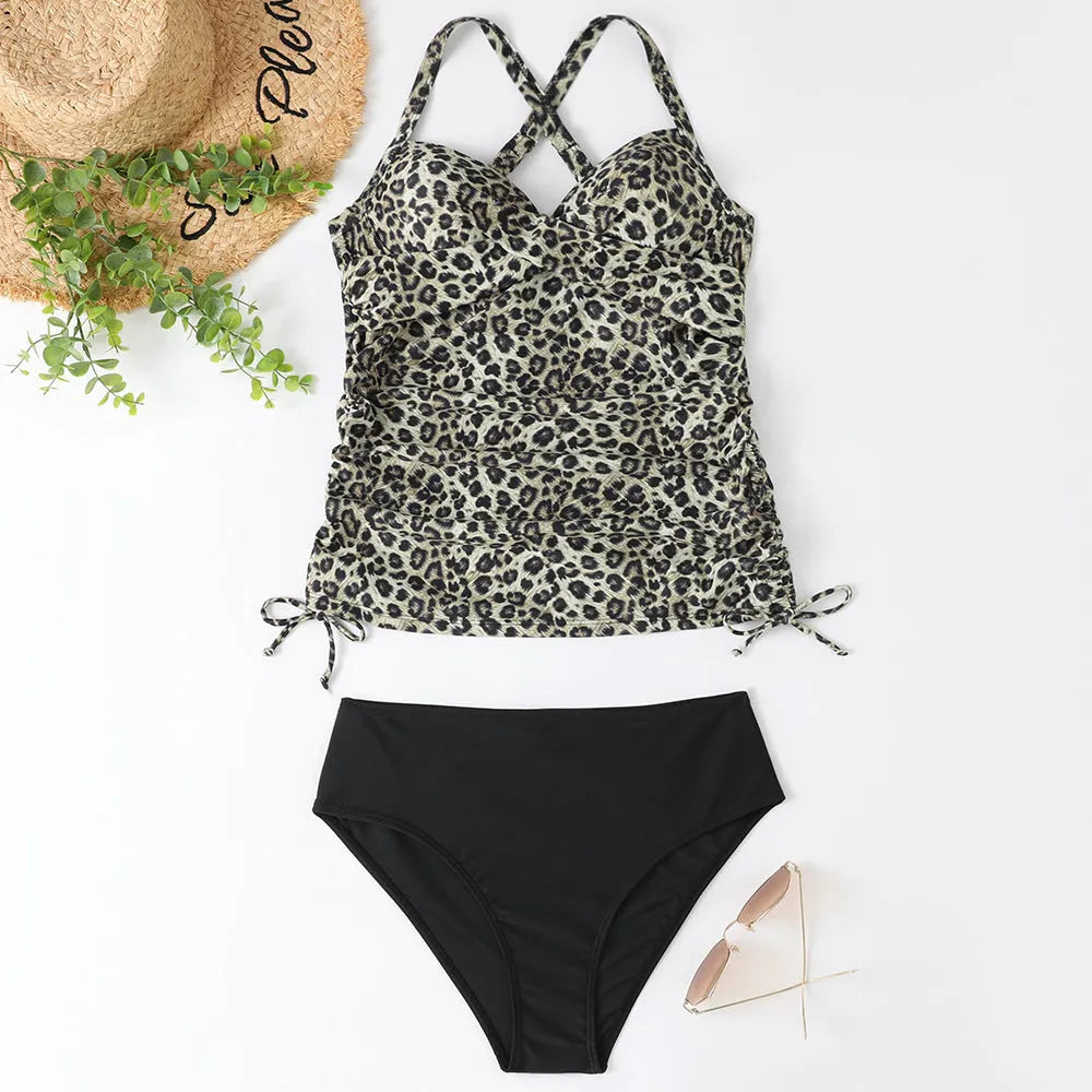 Women's high-waisted nylon swimsuit bikini set in black on a mannequin