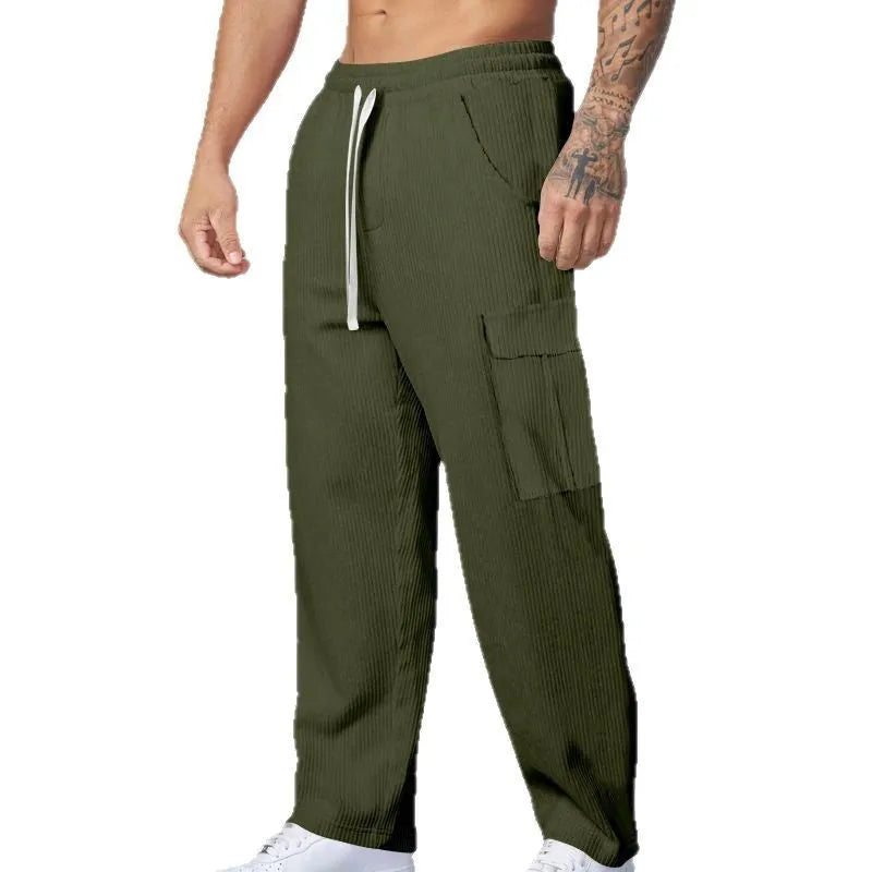 Men's straight-leg corduroy cargo trousers in navy blue with a drawstring waist.