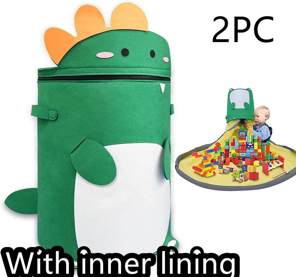 Green cube-shaped felt storage bag with pull rope lying flat as a play mat.