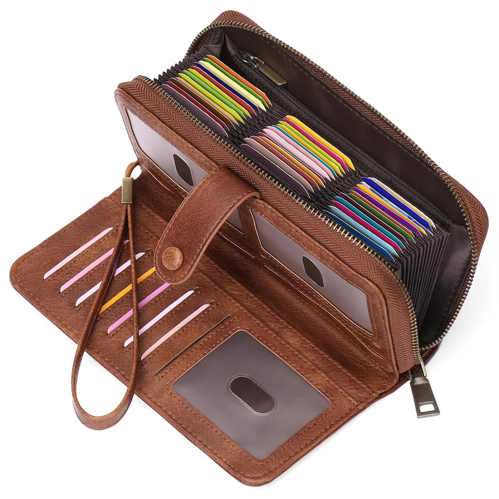 Women's expanding long wallet in denim blue showing card slots and passport pocket with anti-theft swiping feature