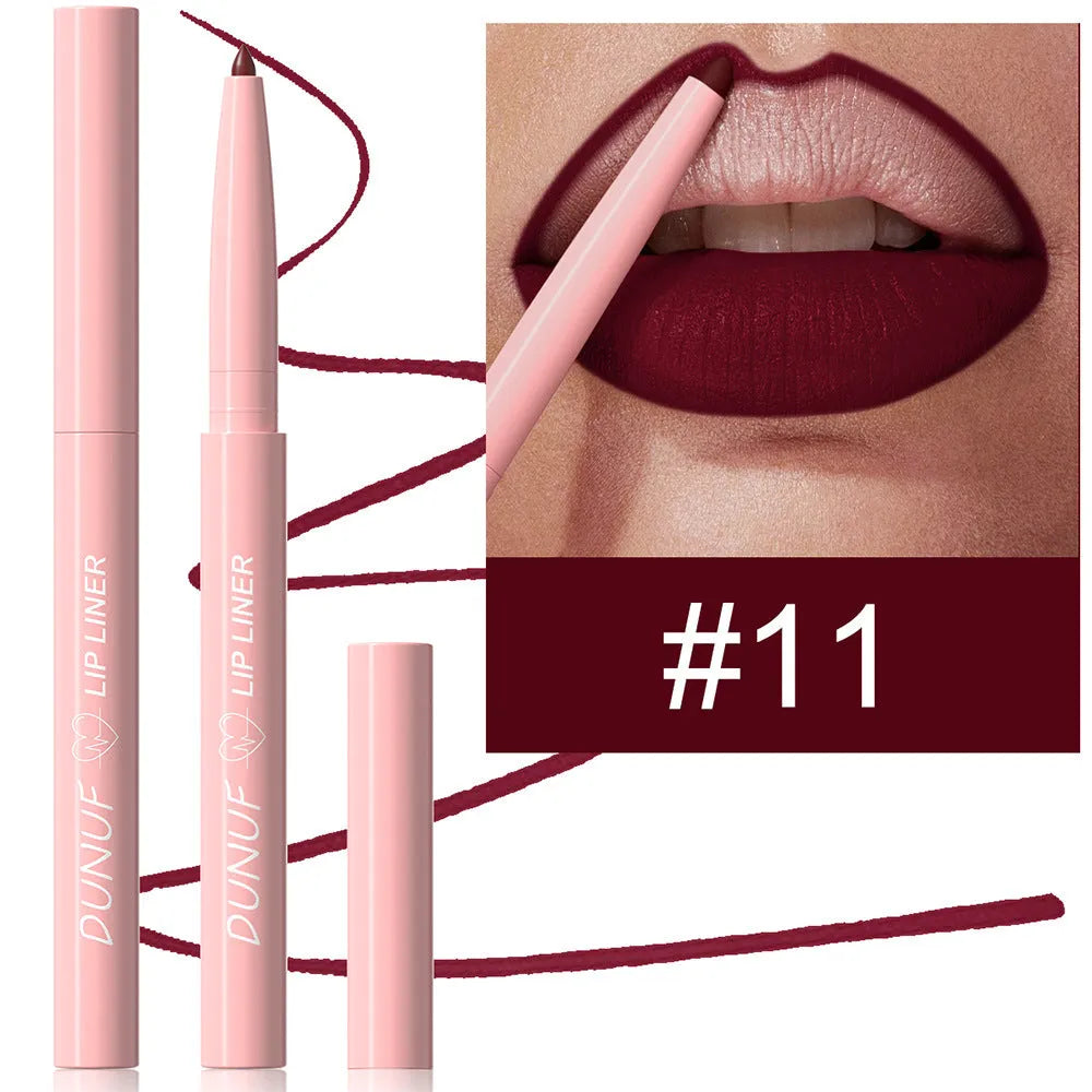A single velvet matte lip liner pencil with 12 colour shade options shown, for precise lip definition.