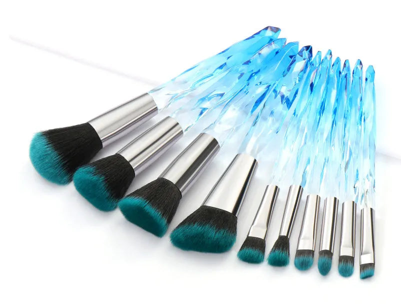 Set of 10 crystal handle foundation brushes with artificial fibre bristles in four colour options