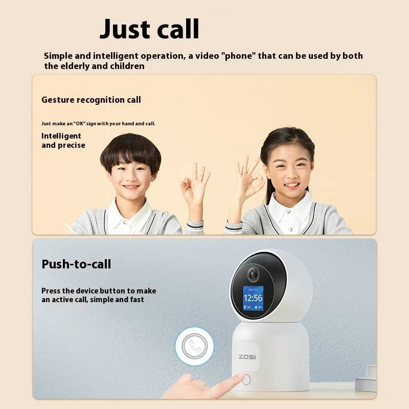 Zhou Shi wireless indoor security camera with large colour screen and plastic housing on a screw-fixed bracket.