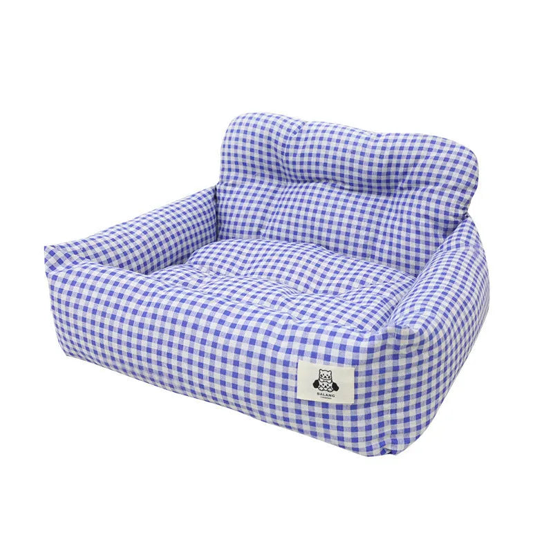 Car-mounted cloth pet travel basket in blue plaid or grey, small and large size options for dogs