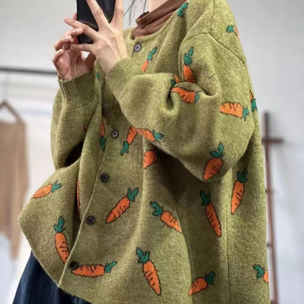 Round neck cardigan with Mori artistic printing colour contrast design in viscose fibre fabric