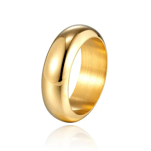 Glossy electroplated titanium steel ring in gold, black, and steel colours showing band detail