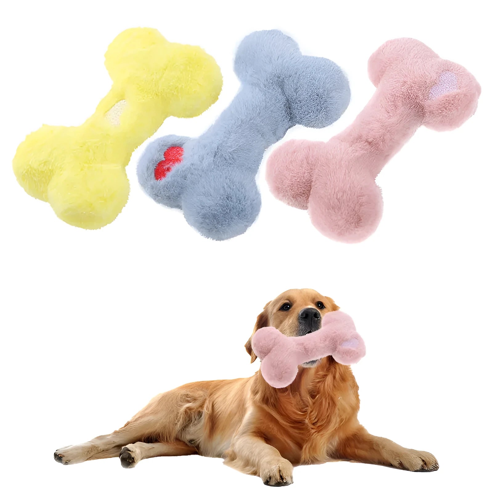 Blue plush bone-shaped dog toy with a squeaker for interactive bite-resistant play