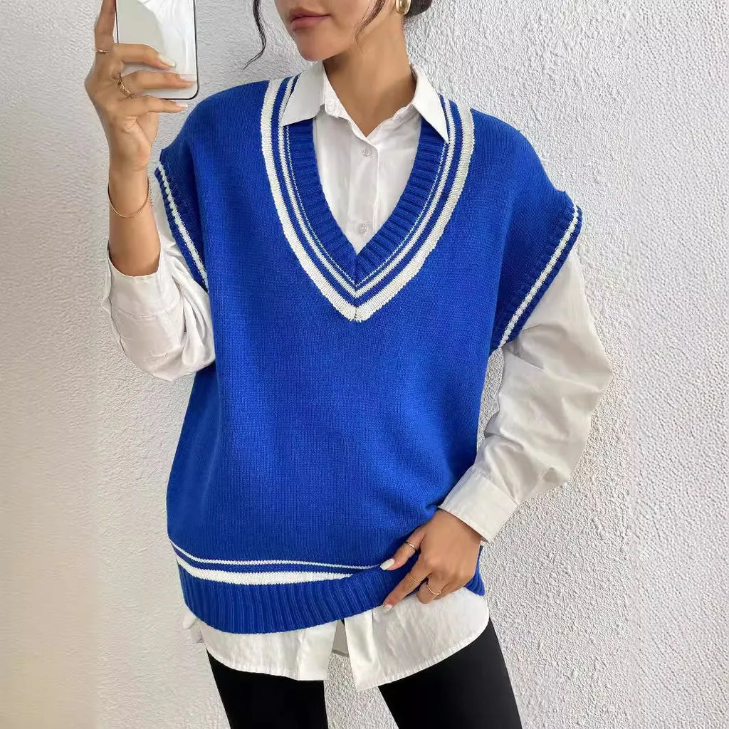 Women's loose acrylic vest sweater in black, blue and coffee colours with college style design