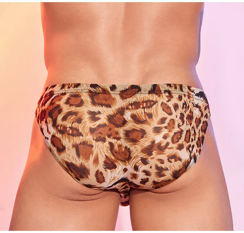 Men's leopard print low waist panties with elasticated waistband and nylon fabric