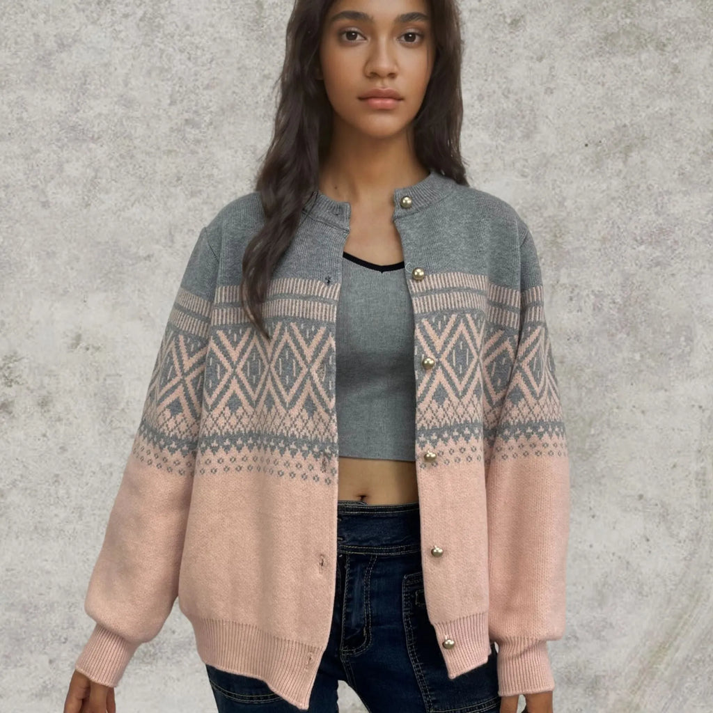 Women's red alpaca wool cardigan with diamond knit pattern and contrast colour detailing
