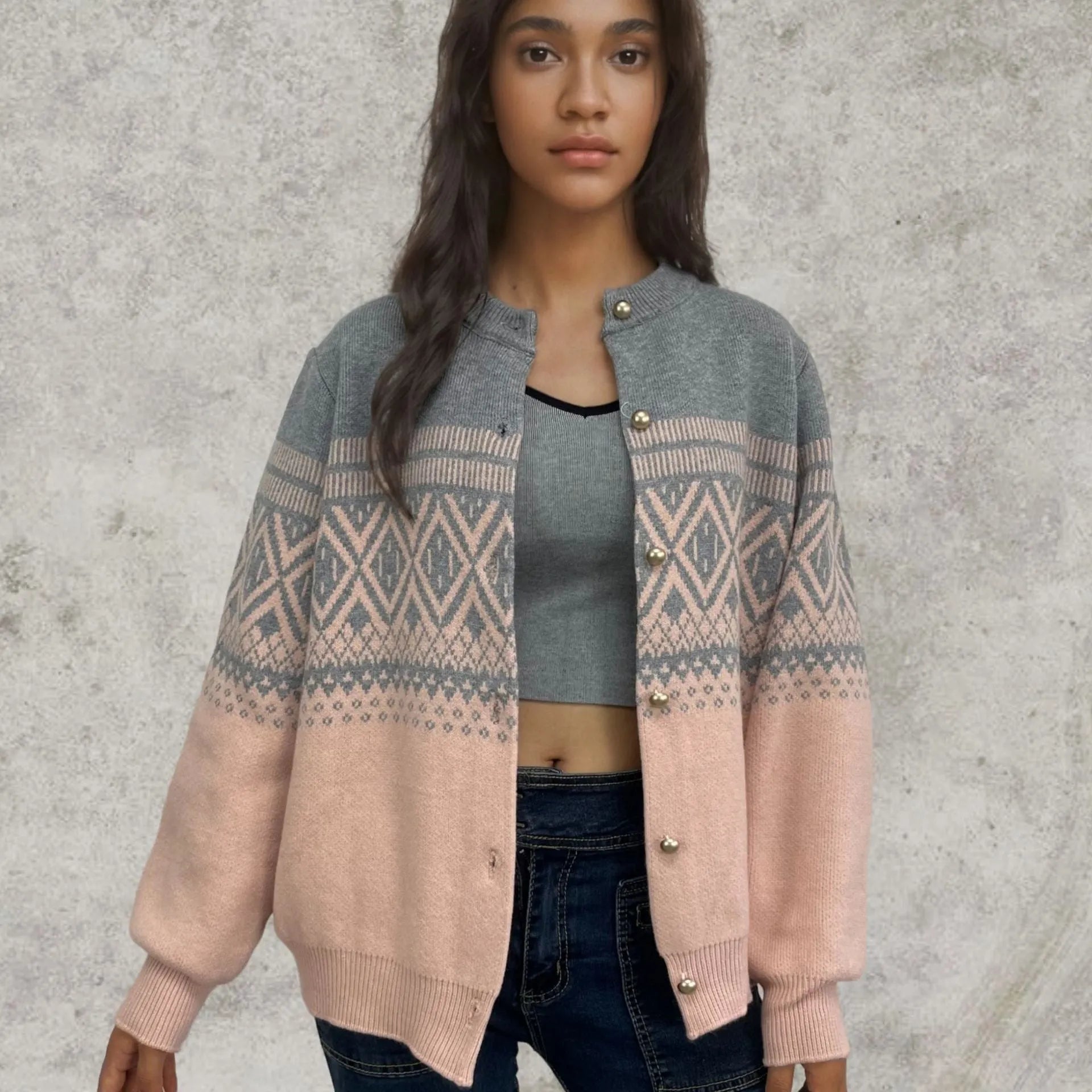 Women's red alpaca wool cardigan with diamond knit pattern and contrast colour detailing