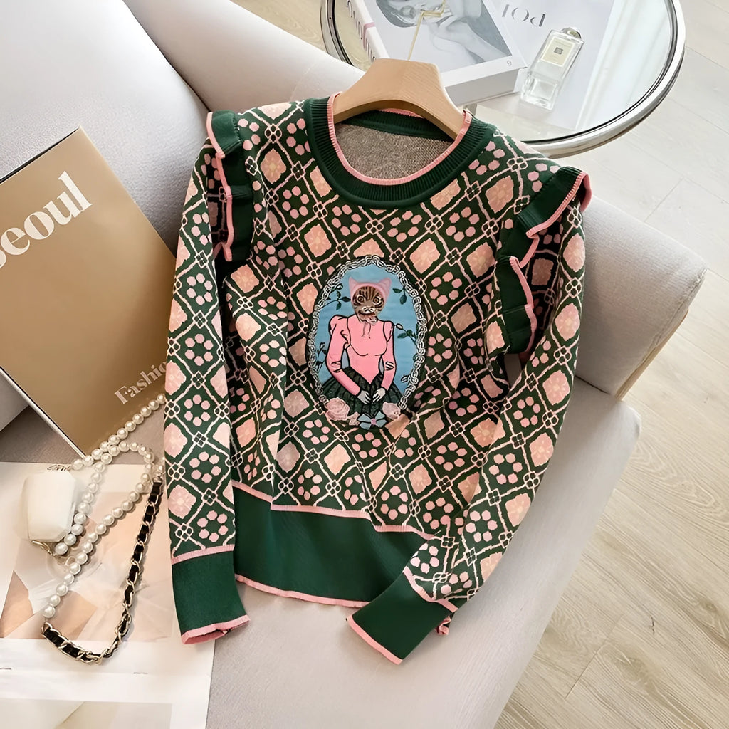 Green women's printed sweater with a loose fit and regular sleeves for casual commuting wear.