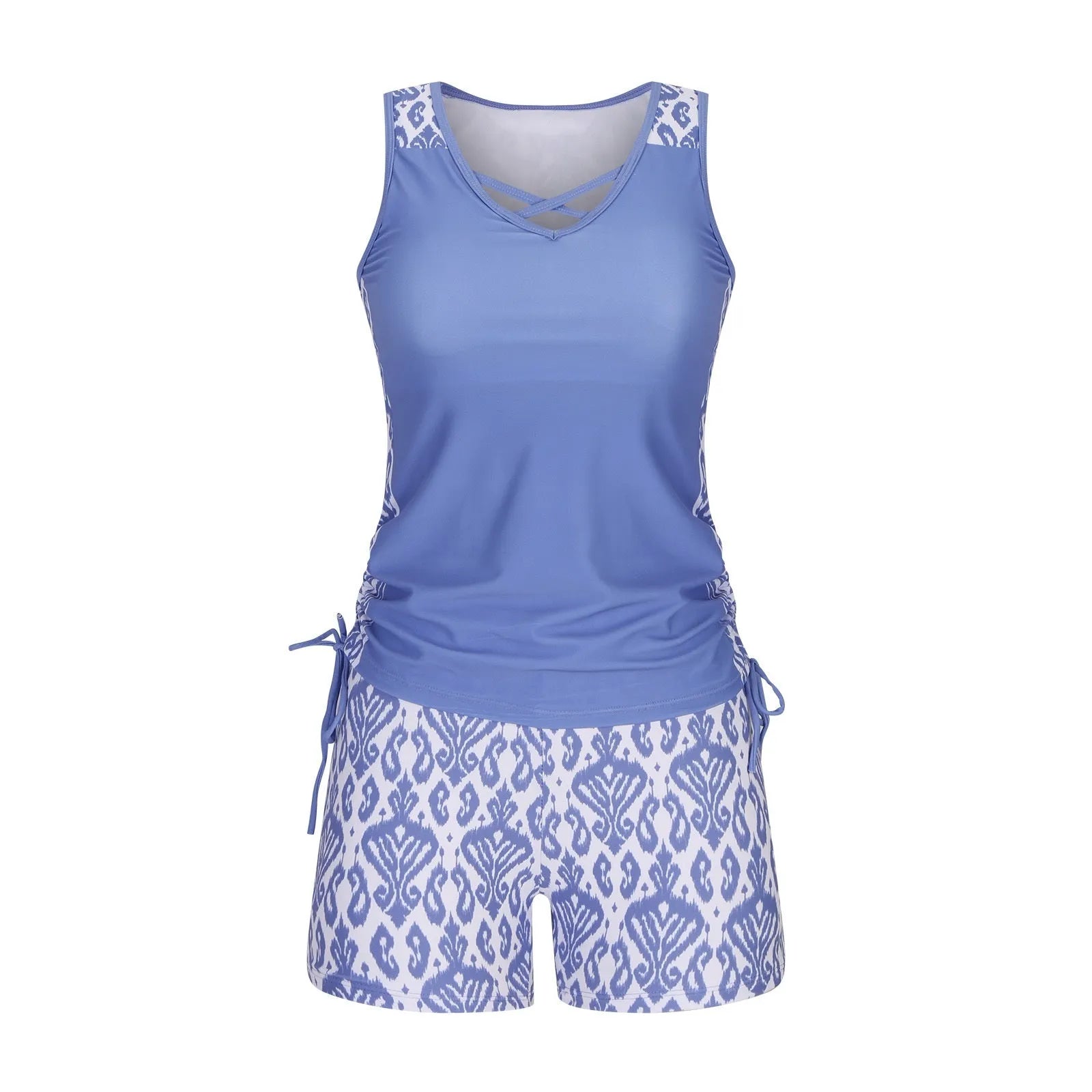 Women's blue printed lace two-piece swimsuit with floral pattern