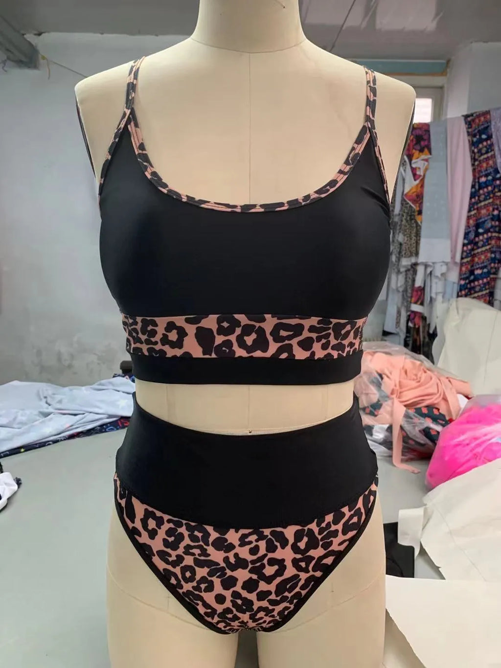 Women's high waist split front bikini swimsuit in leopard print or white