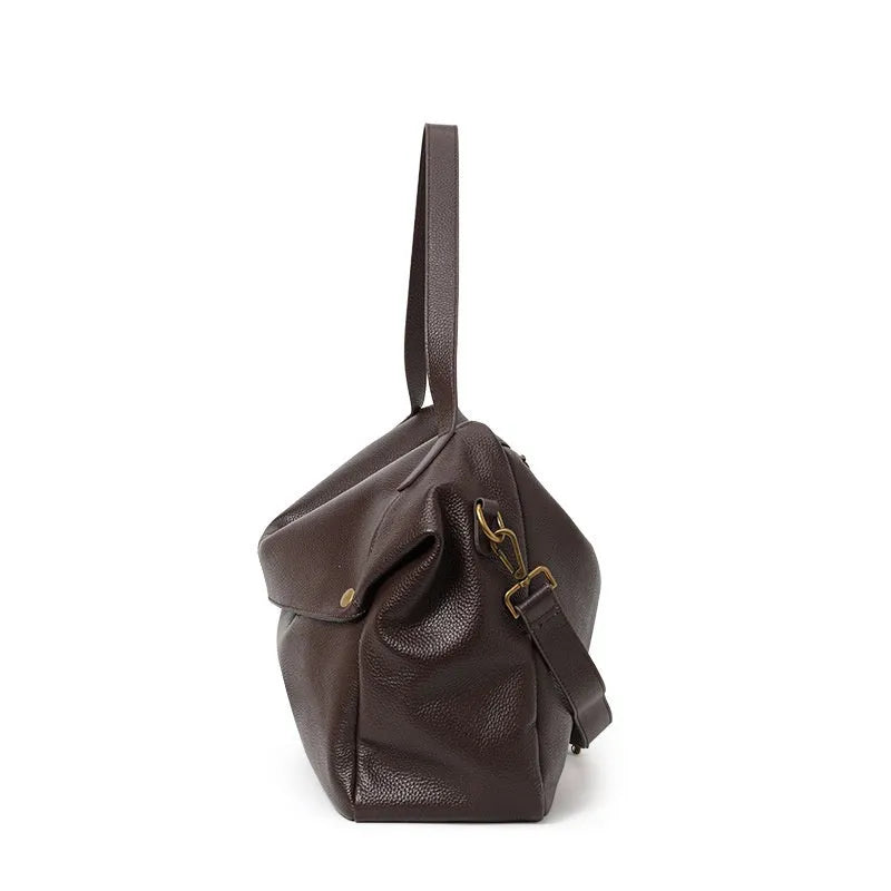 Brown genuine leather women's shoulder bag with a structured square shape and a top handle.