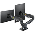 Black dual monitor desk mount bracket with VESA plates and a height-adjustable lifting arm.