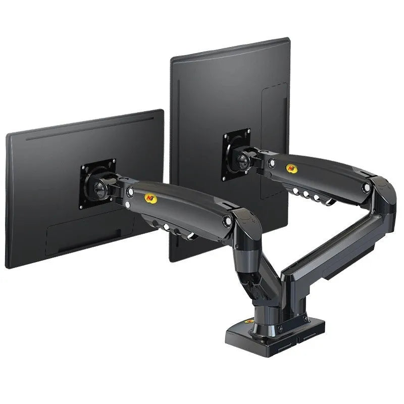 Black dual monitor desk mount bracket with VESA plates and a height-adjustable lifting arm.