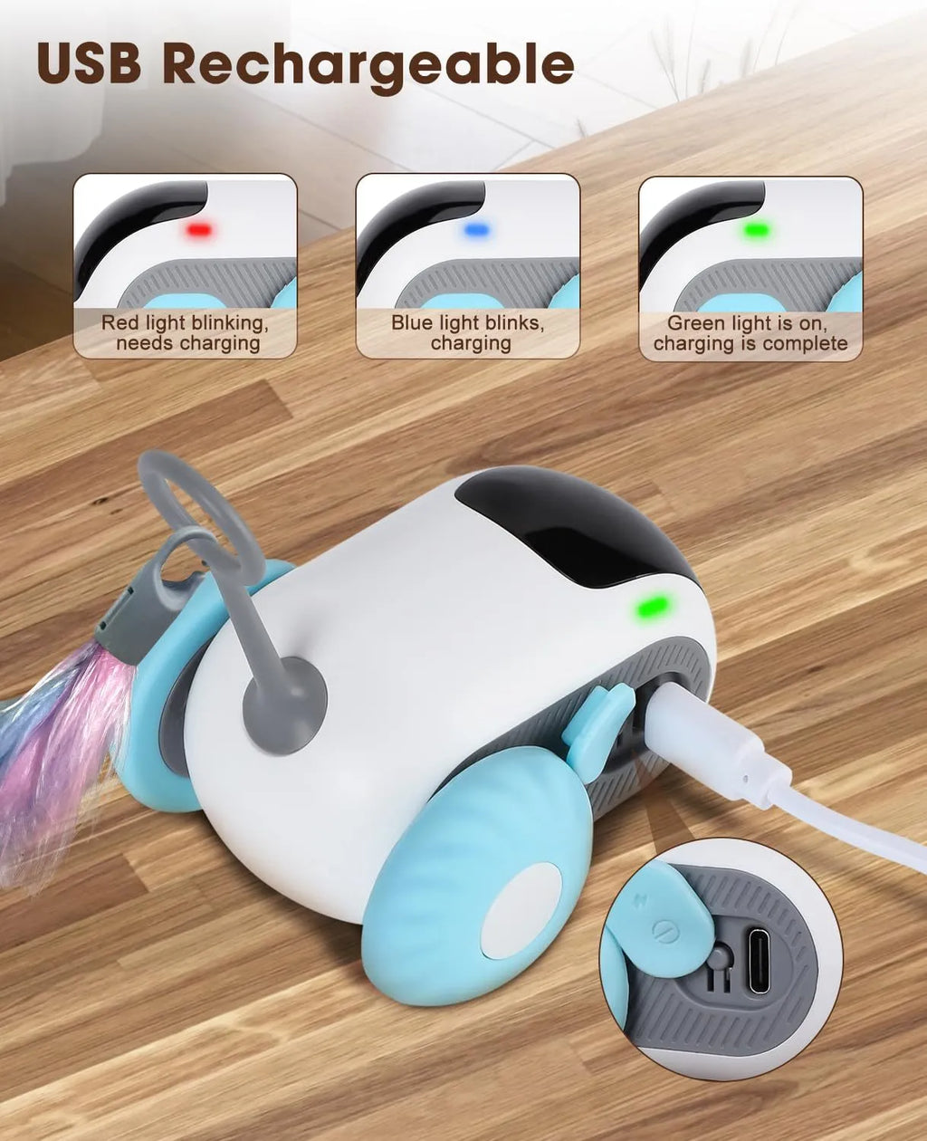 Smart interactive cat toy car with feather attachment in blue or orange colour options