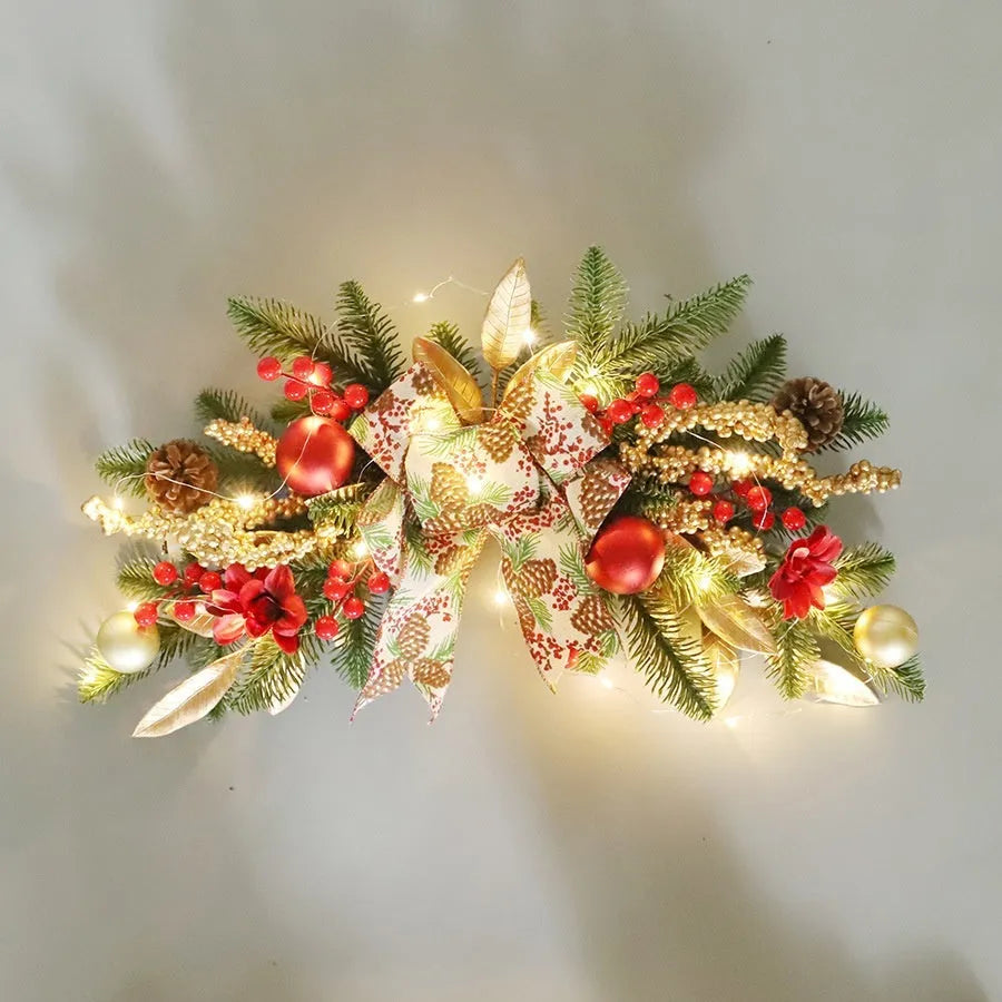 Plastic American country style Christmas garland with upside down ornaments, shown in stair wall hanging style.