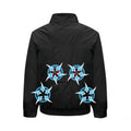 Men's black outdoor work jacket with ventilation holes for cooling fan unit