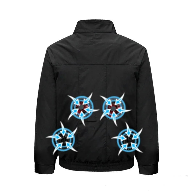 Men's black outdoor work jacket with ventilation holes for cooling fan unit