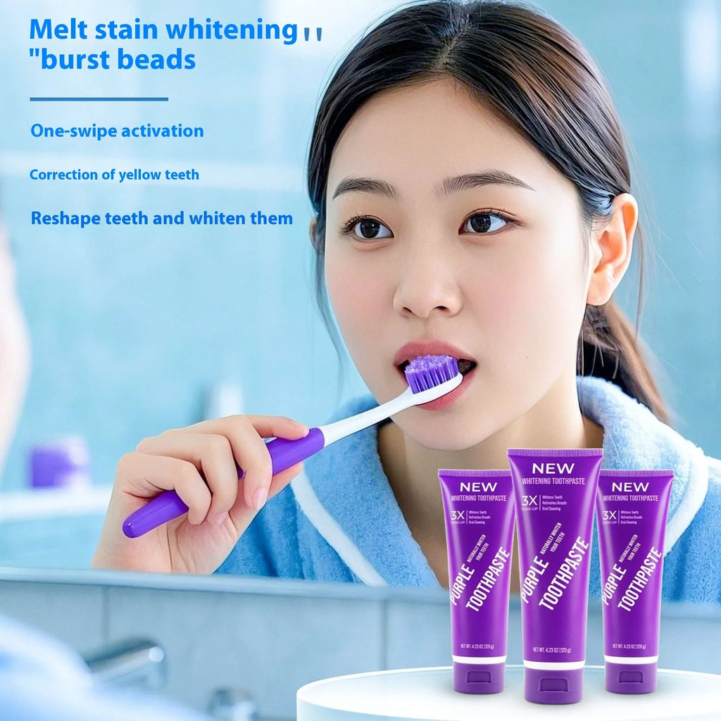 Purple whitening toothpaste tube for adults to remove yellow stains, shown in 120g size.