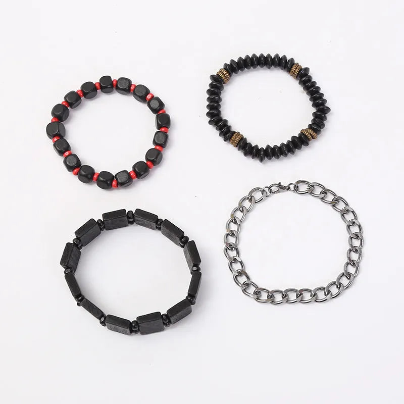 Retro woven alloy beaded bracelet set of 4 in four colours, unisex handmade design