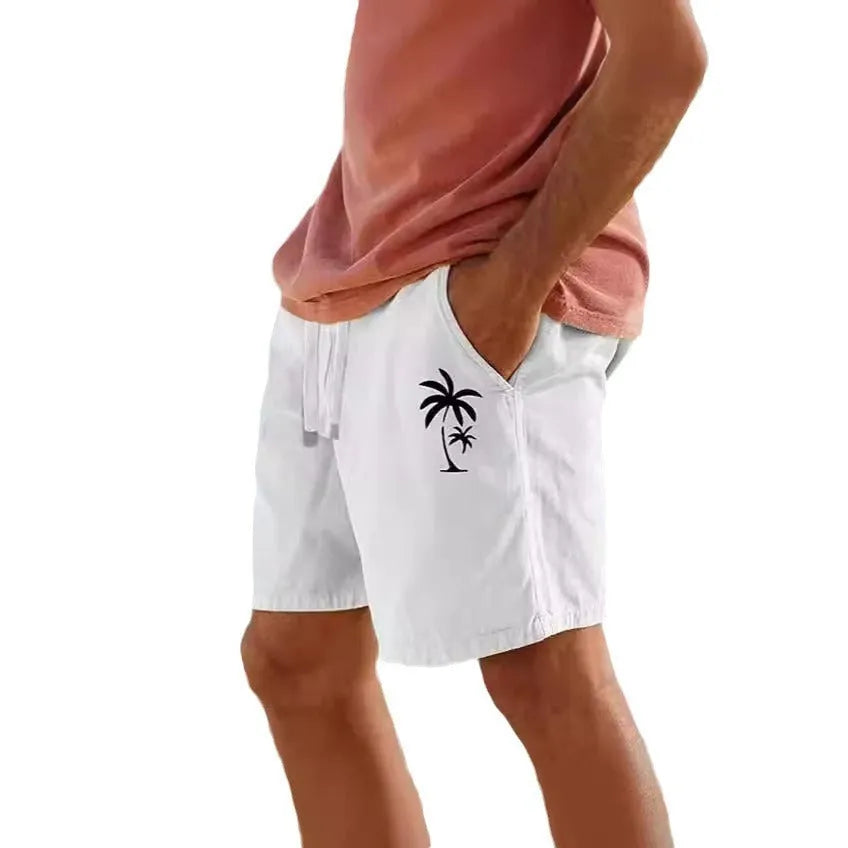 Men's cotton blend elastic waist shorts with a heat transfer patch, shown in army green.
