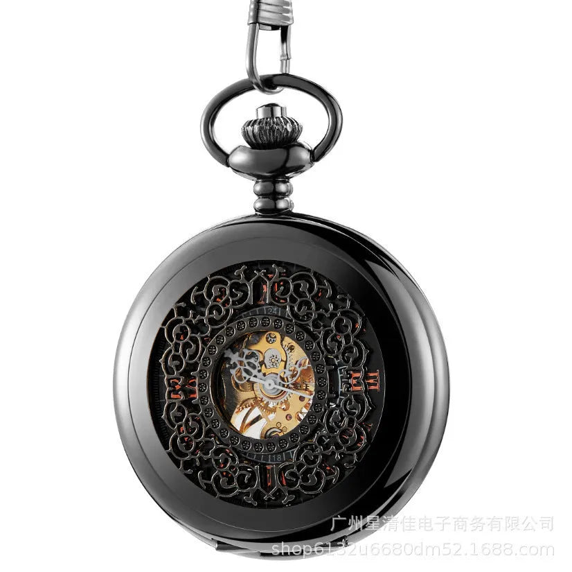 Retro floral print automatic mechanical pocket watch with transparent case back on alloy strap.